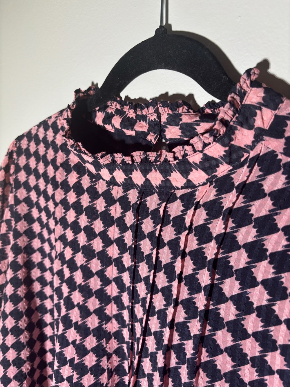 Ann Taylor Pink and Black Houndstooth Print Blouse